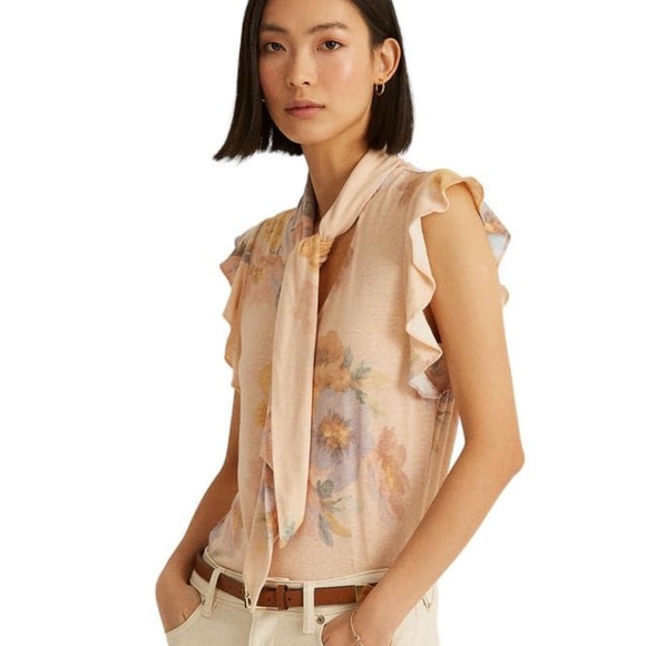 Ralph Lauren Women's Floral Tie-Neck Top (Blush/Sage/Multi, XS Ruffle Sleeves - Picture 1 of 7